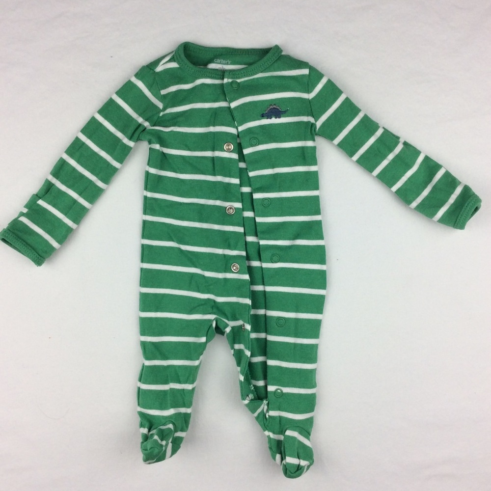 🍼 Green And White Striped Dinosaur Footie Pajamas